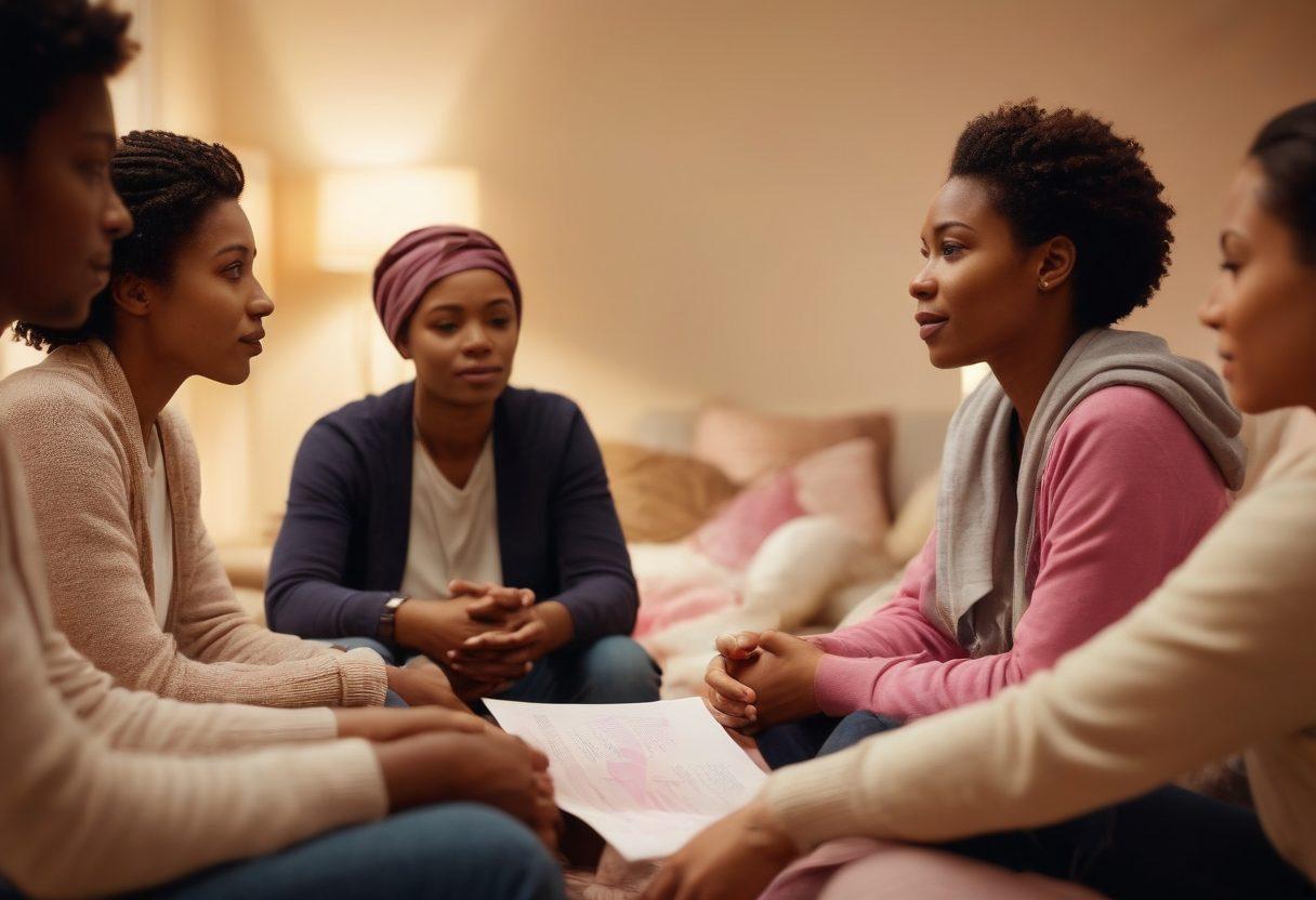 A diverse group of individuals from various backgrounds sitting together in a warm, inviting support group setting, sharing stories and displaying empathy. Soft lighting creates a cozy atmosphere, with tissues and supportive materials around them. Include subtle symbols of hope like cancer awareness ribbons in the background. The focus should be on connection and support. super-realistic. warm colors. soft focus.