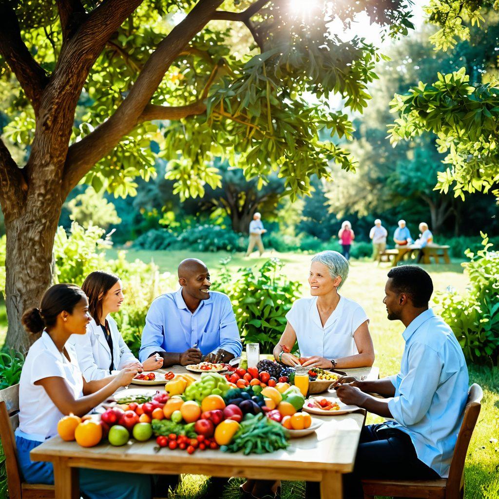A serene landscape featuring a diverse group of people in an outdoor setting, discussing healthy meals and research papers, surrounded by vibrant fruits and vegetables, with a backdrop of a peaceful nature scene and sunlight filtering through trees. Emphasize collaboration and hope in their expressions, reflecting a holistic approach to cancer care. super-realistic. vibrant colors. soft focus.