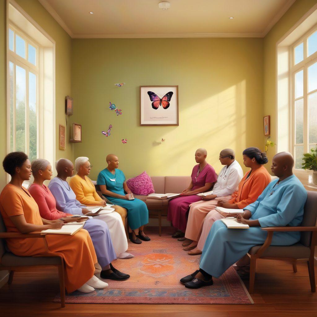 A compassionate scene depicting a diverse group of cancer patients and healthcare providers in a supportive environment, sharing knowledge and encouragement. Include symbolic elements like a butterfly symbolizing transformation, open books, and a warm, inviting space. The atmosphere should reflect hope and empowerment, highlighting the importance of awareness in cancer care. vibrant colors. super-realistic.